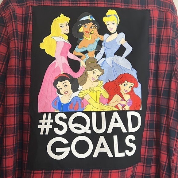 Upcycled Red flannel long sleeve Disney princess squad goal button down shirt XL - Picture 3 of 8